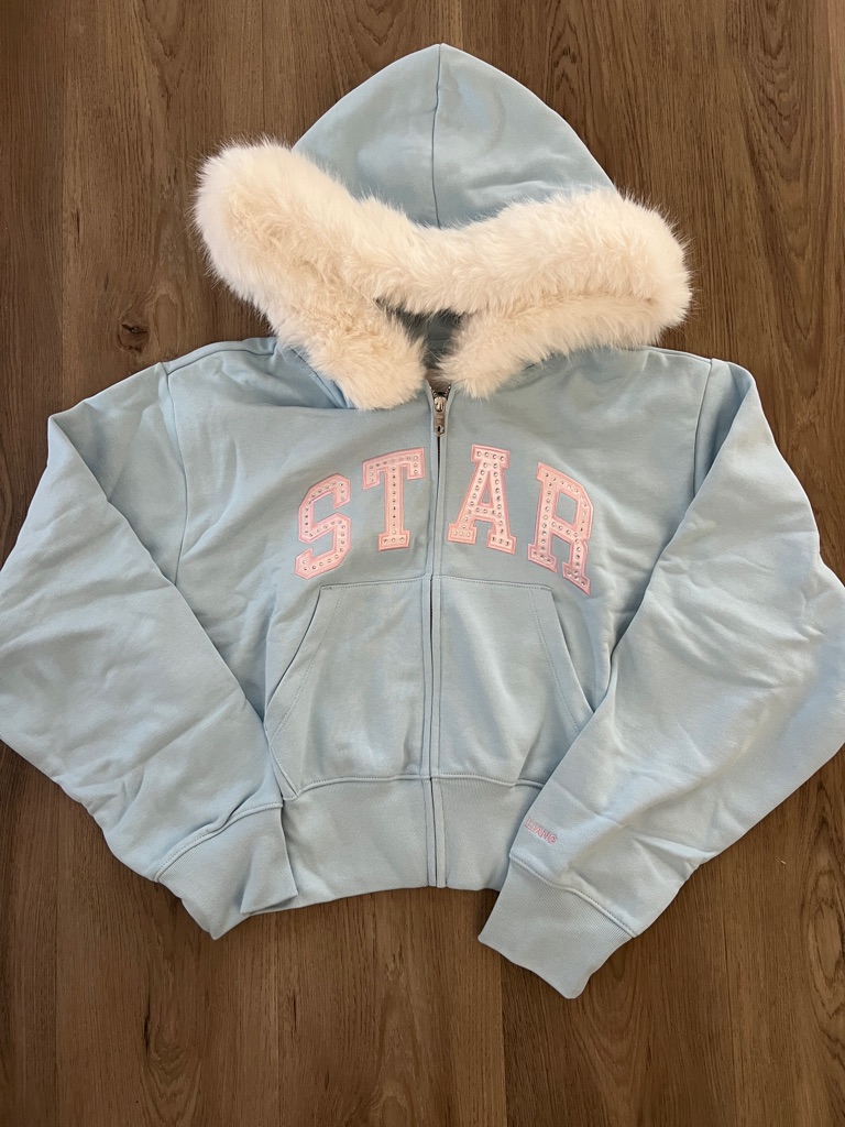 Gap X Sandy Liang Light Blue Hoodie With Cream Faux Fur Trim And Pink Lettering